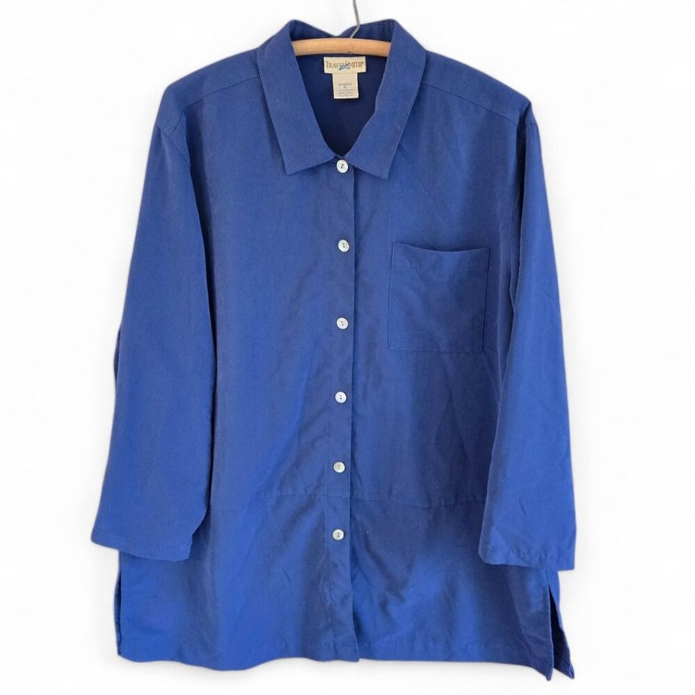 TravelSmith Womens Blue Button-Up Shirt XL Suede Feel Tunic Long Sleeve